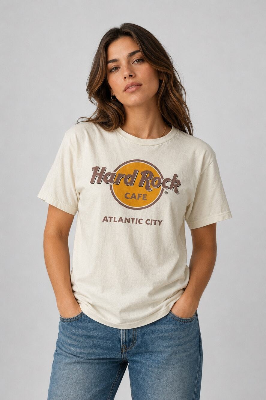 Hard Rock Cafe Atlantic City Logo Graphic T-Shirt Cream Men’s Size Medium